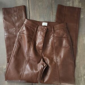 Aritzia Wilfred High-Waisted Vegan Leather Pants – Cognac Brown, Size 2